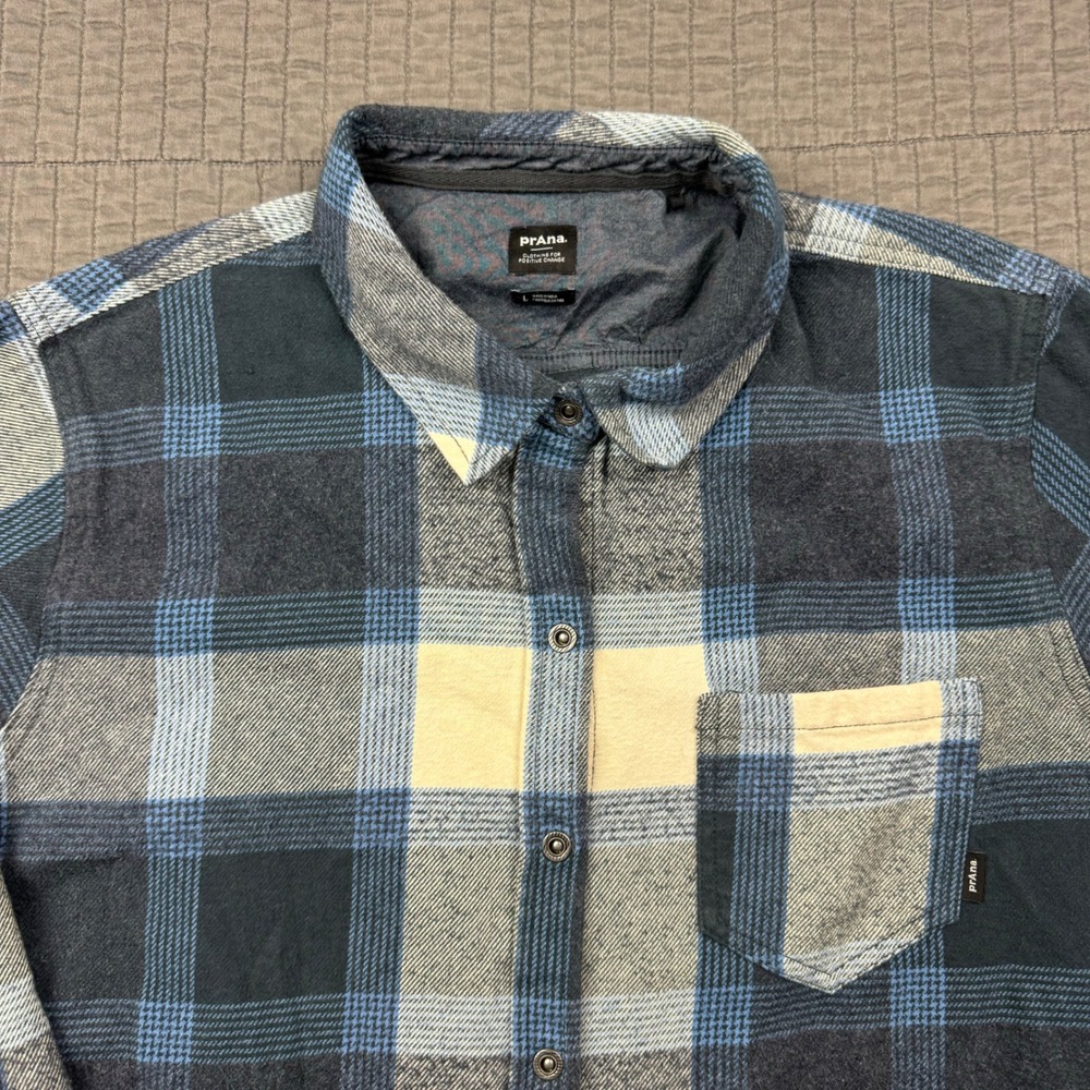 Prana Flannel Shirt Women Large Blue Plaid Golden Canyon Button Front Outdoors - Picture 2 of 12